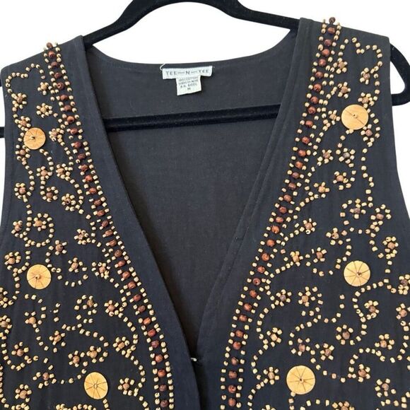Vintage Tee-N-Tee Black Vest With Wooden Beads Sz M Boho, Cottagecore - Picture 2 of 10